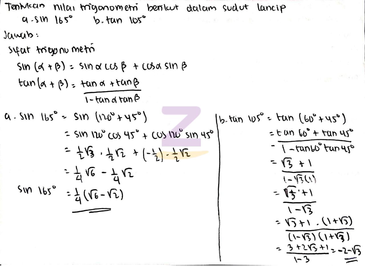 tentukan nilai dari sin 105 sin 15