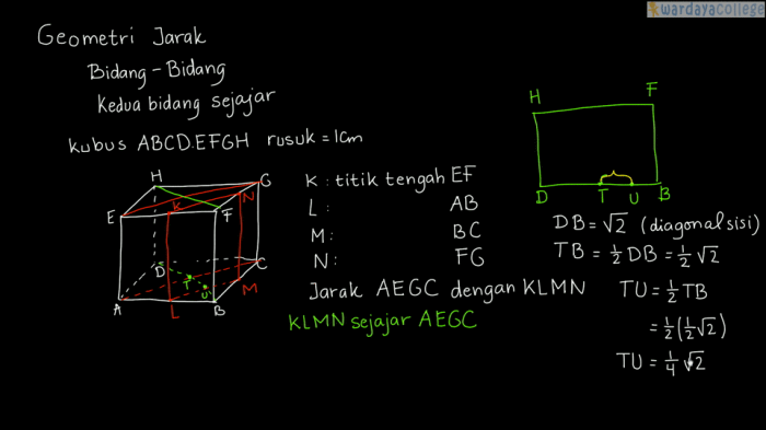 jarak titik dimensi garis bidang soal pembahasan kubus geometri tiga bersilangan lain disimak antara