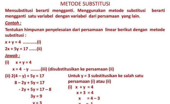 substitusi metode persamaan linear soal spldv menyelesaikan jawaban cerita dua variabel penyelesaian himpunan