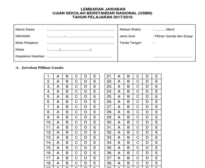 contoh lembar jawaban sd terbaru