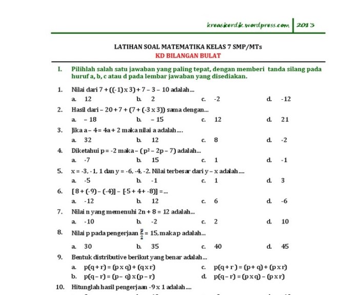 soal hots bilangan bulat kelas 7