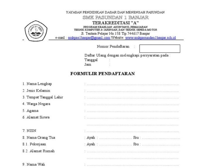 contoh formulir pendaftaran siswa baru sd