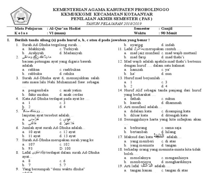 kumpulan soal alquran hadits mi terbaru