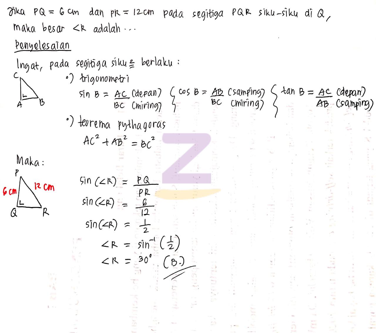 pada segitiga pqr siku siku di p berlaku