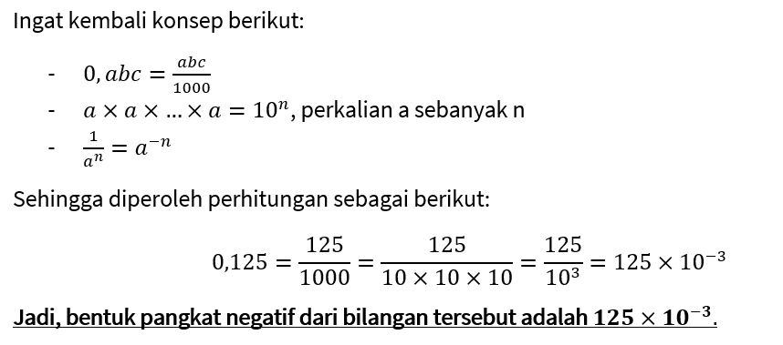 bentuk pangkat negatif dari 0 125 adalah