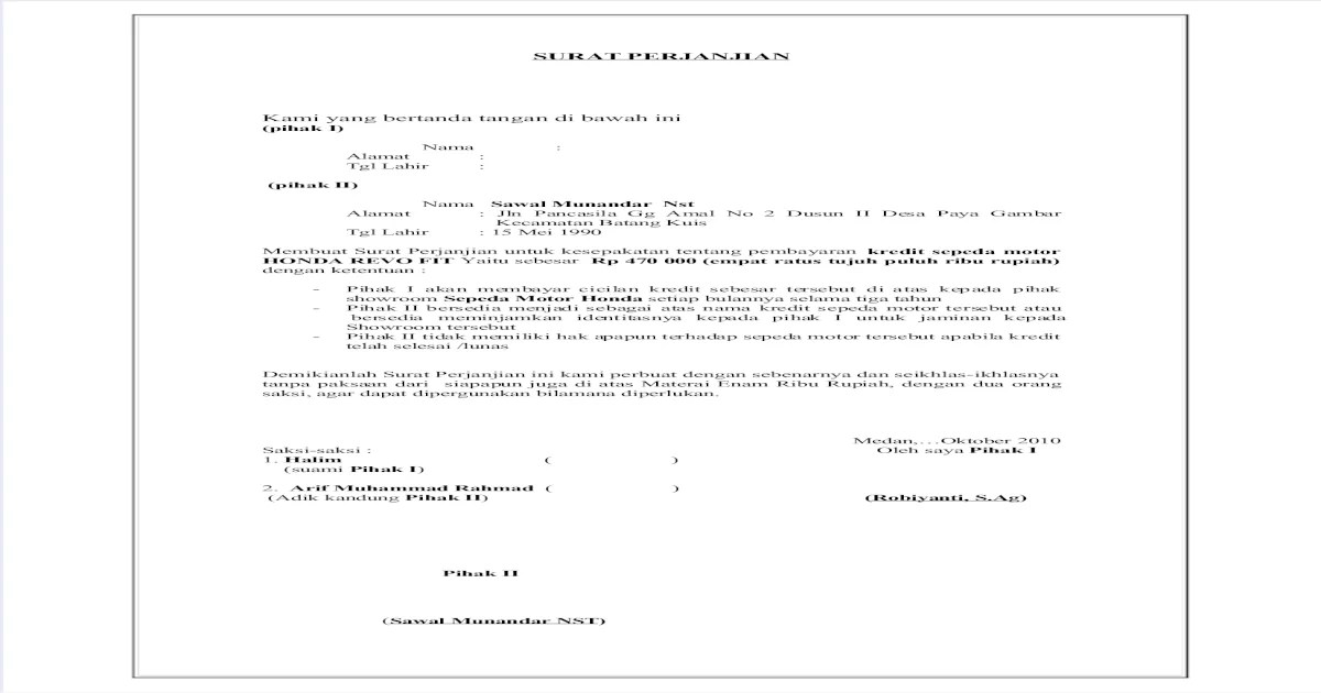 contoh surat perjanjian kredit motor terbaru
