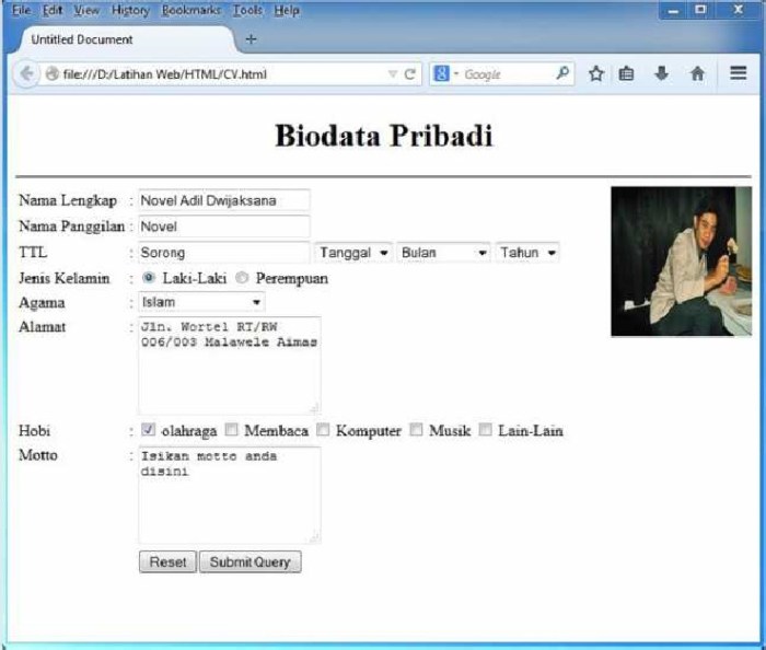 cara membuat biodata di html