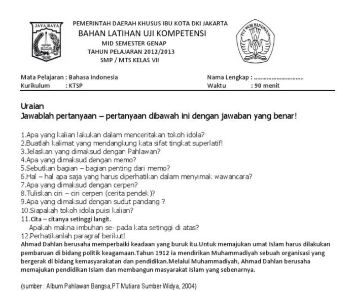 soal essay bahasa indonesia kelas 7 terbaru