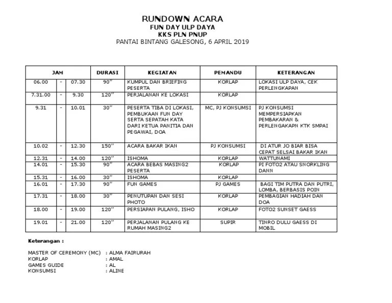 contoh rundown acara rekreasi terbaru