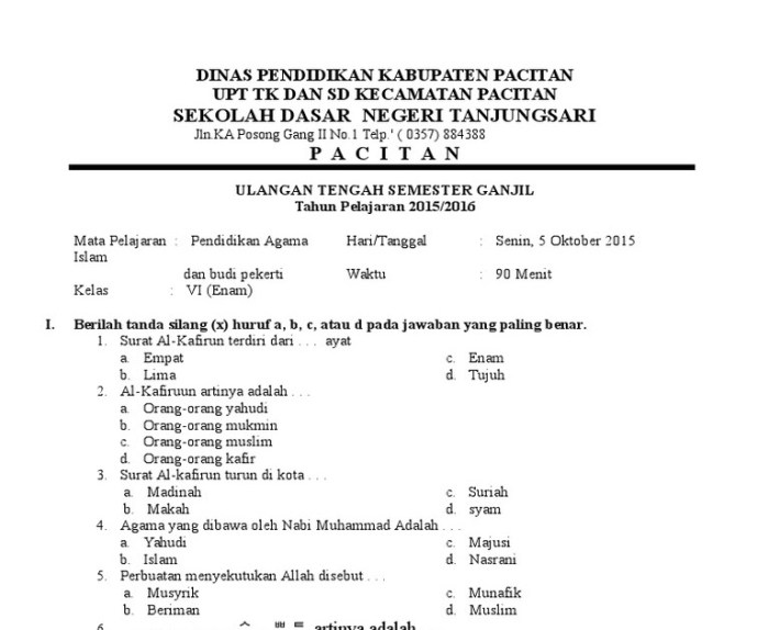 soal pat pjok kelas 6 semester 2 terbaru