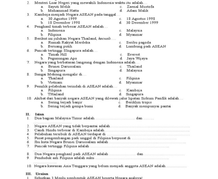 soal ips tentang asean kelas 6