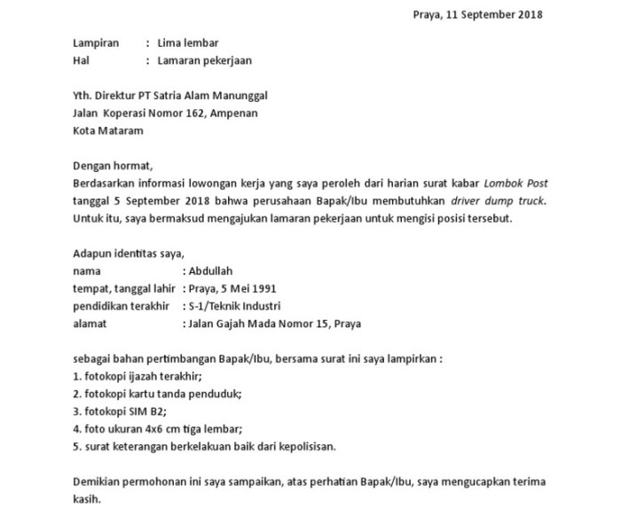 contoh surat lamaran kerja sopir truk terbaru