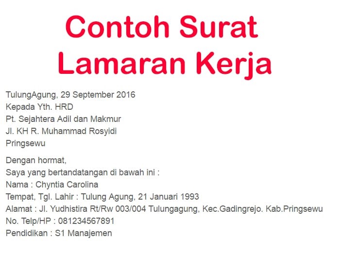 surat lamaran contoh pekerjaan benar posisi jabatan kekosongan mengisi perusahaan atau administrasi