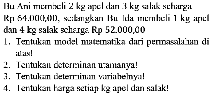 ani membeli 2 kg jeruk dan 4 kg apel terbaru