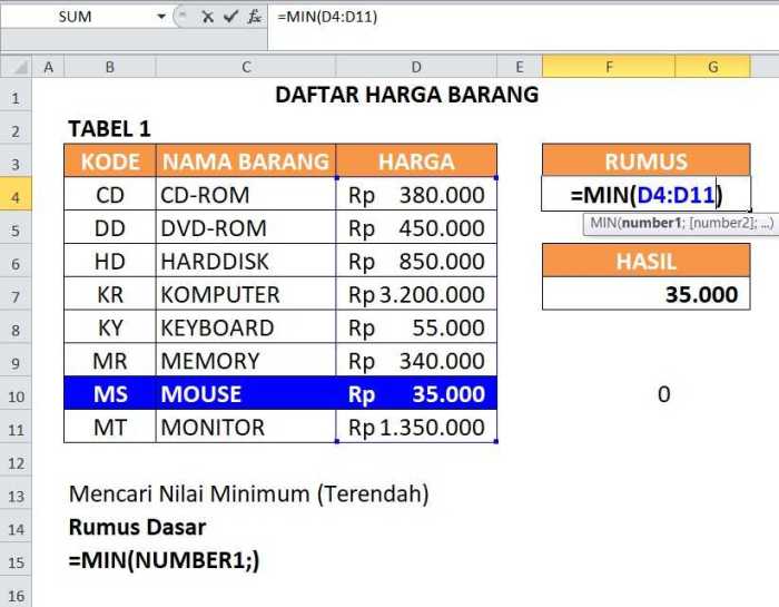 rumus excel kriteria nilai terkecil terdapat syarat pencarian menampilkan angka kumpulan