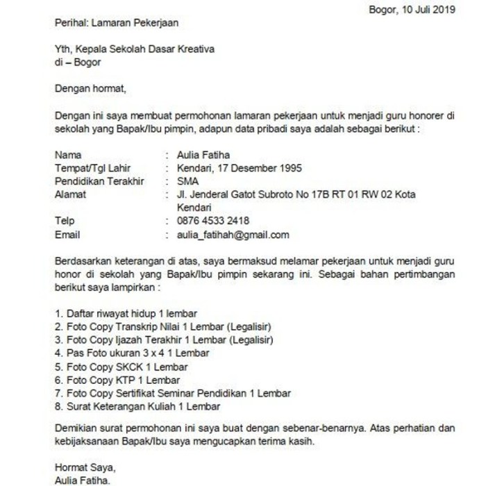 contoh lamaran kerja guru terbaru