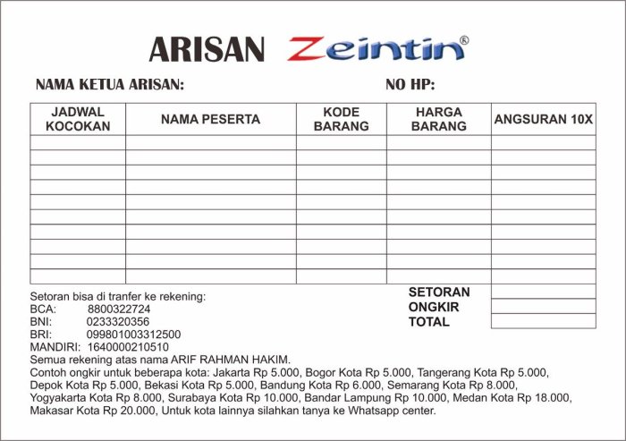 contoh tabel arisan mingguan