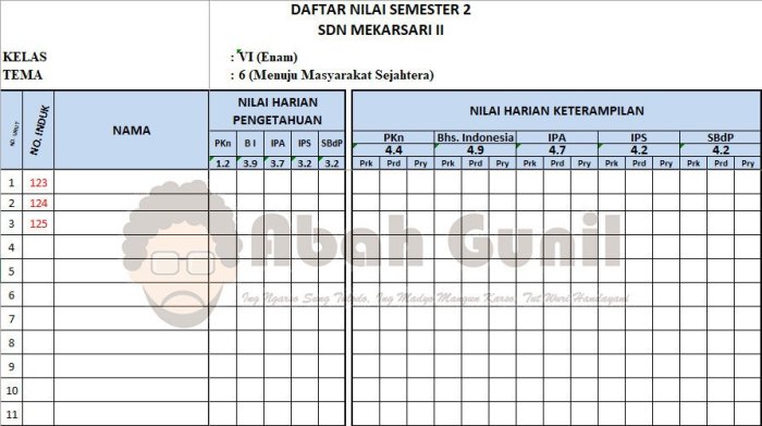 format rekap nilai kelas 6