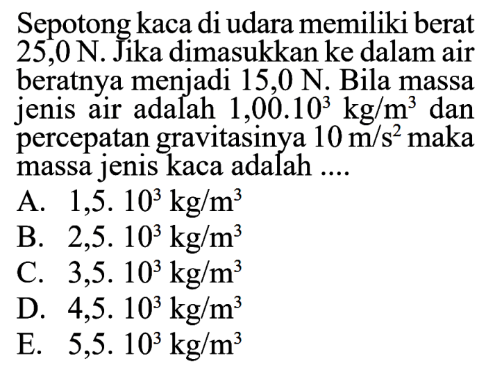 Sepotong kaca di udara memiliki berat 25 n