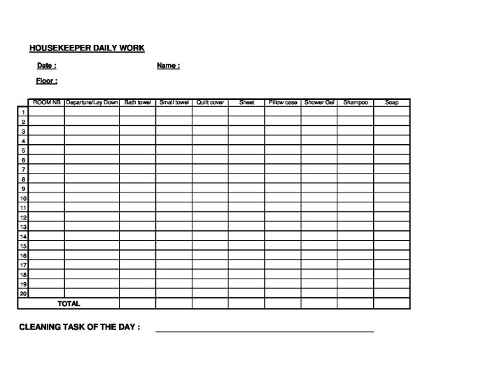 room attendant control sheet