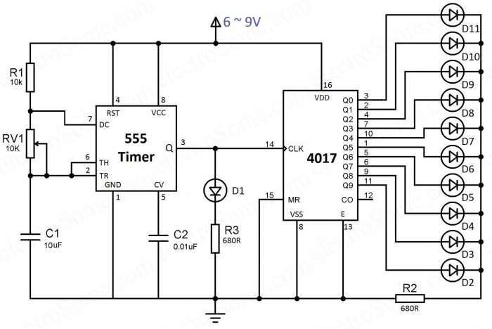 rangkaian running led ic 555 dan 4017 terbaru