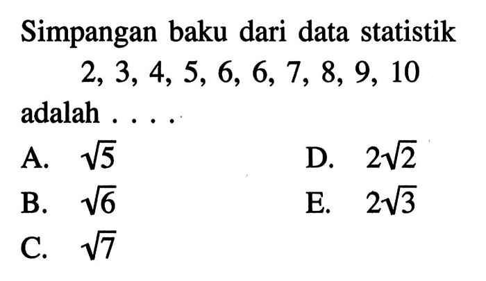 Simpangan baku dari data 3 6 4 7 5 adalah