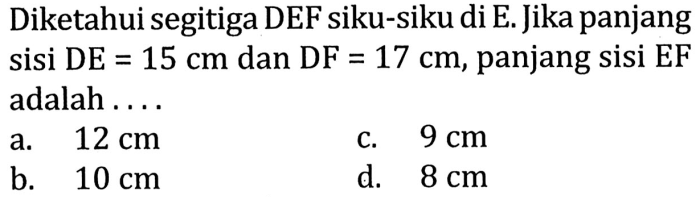 diketahui segitiga def siku siku di e