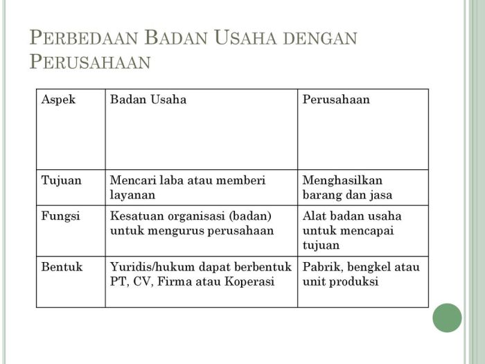 Jenis badan usaha berdasarkan lapangan usaha