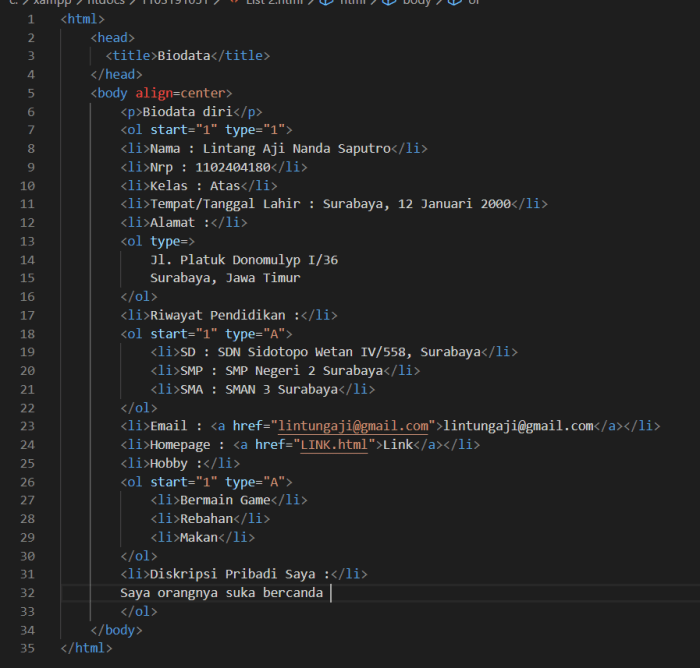 cara membuat biodata di html