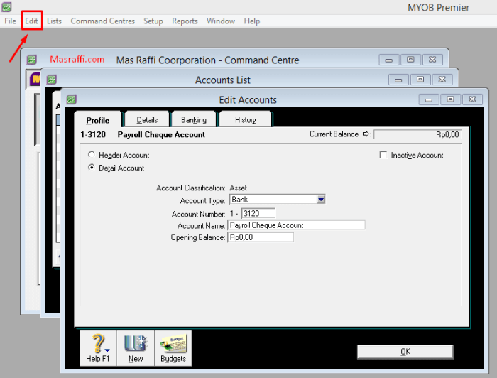 myob akun cara mengedit menghapus awal setup menambah