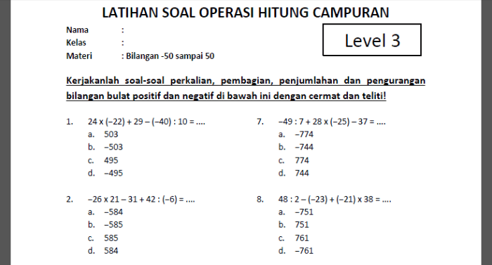 kelas bilangan soal matematika bulat operasi ujian debit materi mtk hitung bab campuran