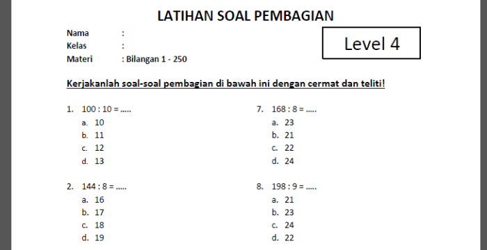 soal kelas pengurangan pembagian bersusun latihan