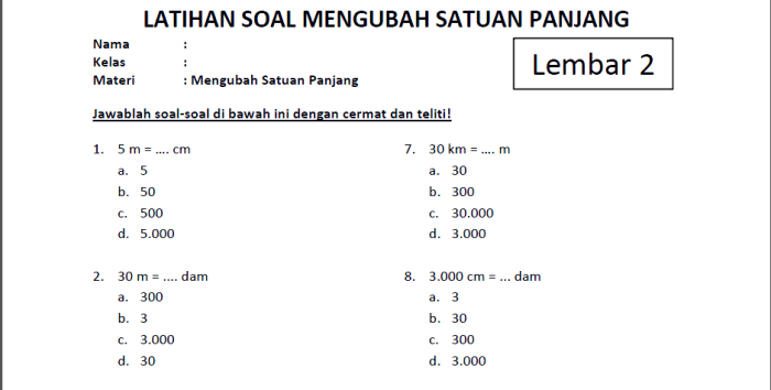 latihan soal satuan panjang