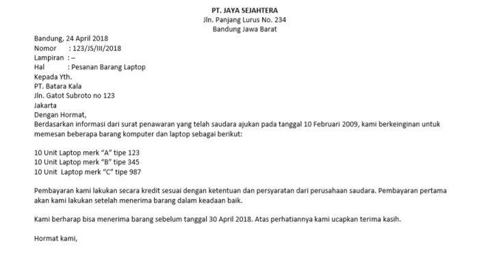 contoh surat niaga pesanan barang