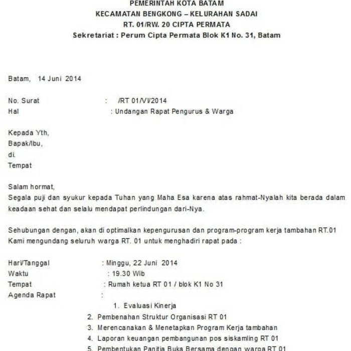 contoh surat undangan kerja bakti rt