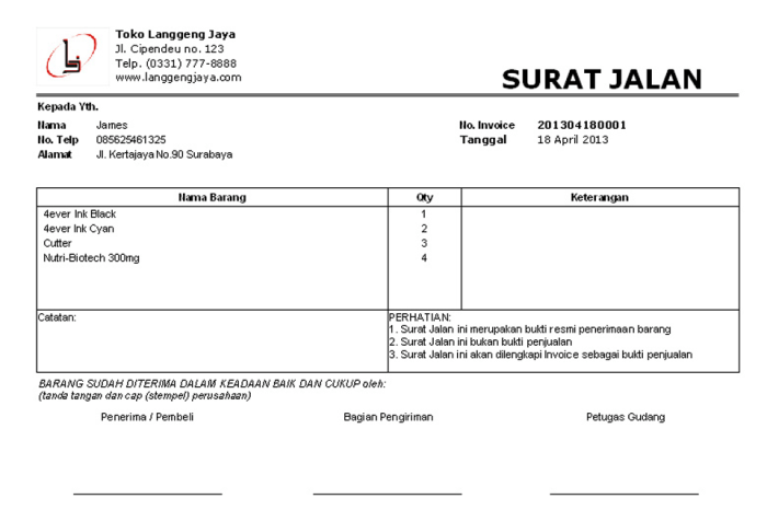 contoh surat pengiriman barang terbaru