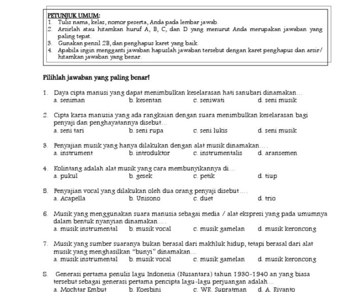 contoh soal seni musik kelas 10 terbaru