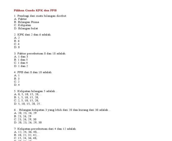 contoh soal kpk dan fpb kelas 6