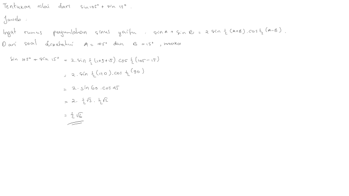 tentukan nilai dari sin 105 sin 15 terbaru