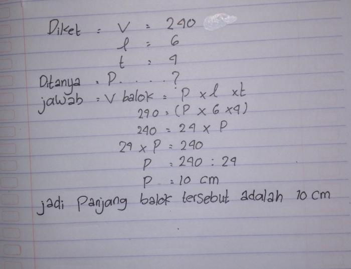 sebuah balok memiliki panjang 12 cm