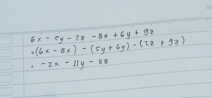 jumlah 6x 5y 2z dan 8x 6y 9z adalah