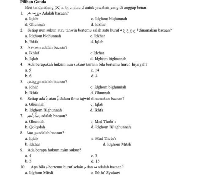 contoh soal tajwid dan jawabannya terbaru