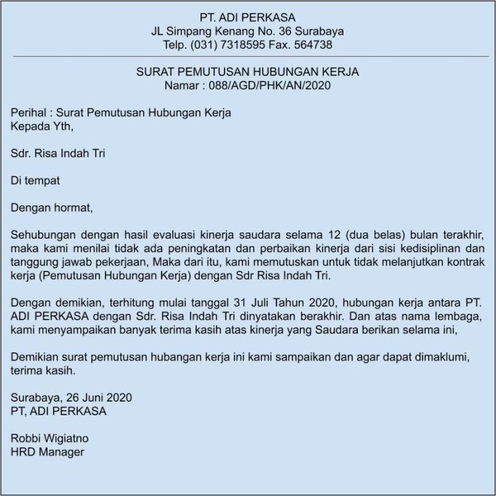 contoh surat evaluasi kinerja