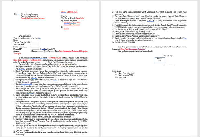 contoh surat lamaran perangkat desa terbaru