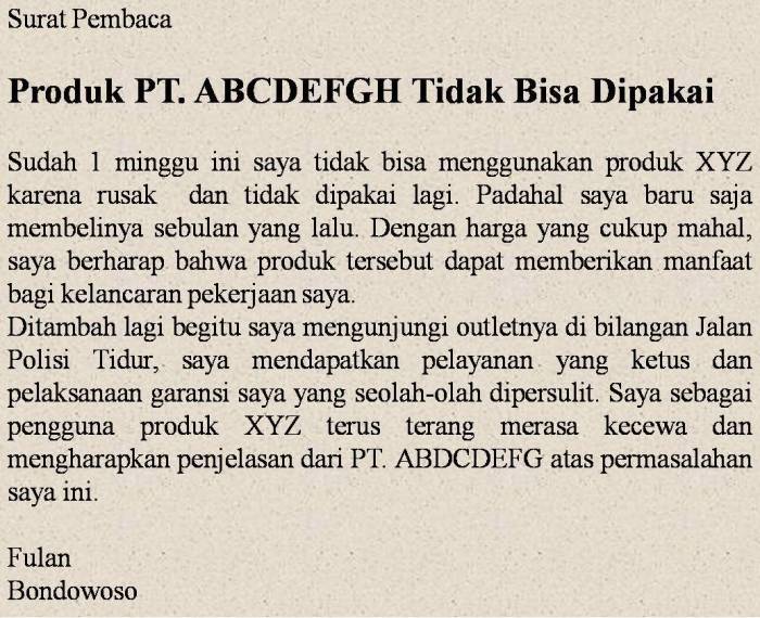 contoh surat pembaca singkat