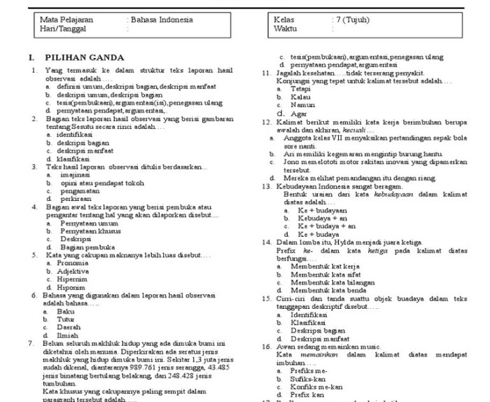 soal tentang teks deskripsi kelas 7 terbaru
