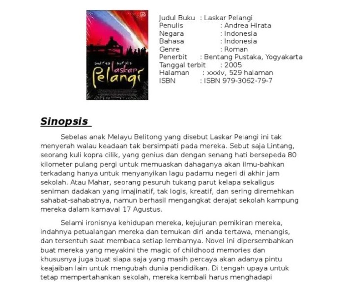 contoh esai novel laskar pelangi