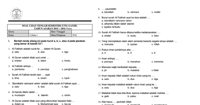 soal ulangan agama kelas 6 semester 1 terbaru