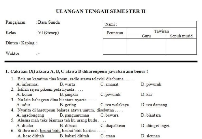 kisi-kisi soal kelas 2 semester 1