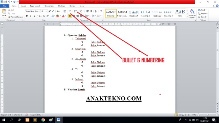 fungsi bullet dan numbering